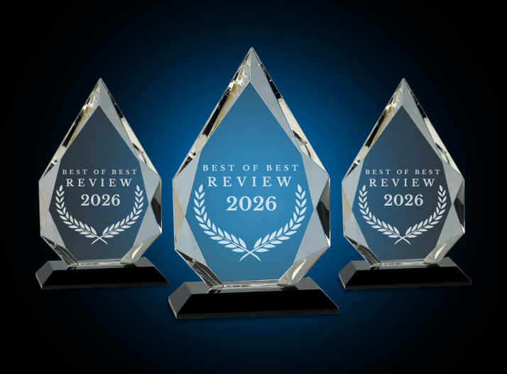 Three crystal awards featuring "Best of Best Review 2026" engraved on them