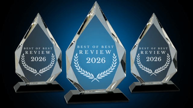 Three crystal trophies with "Best of Best Review 2026" engraved on them